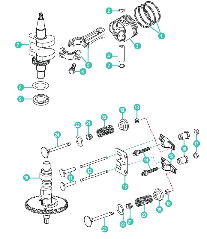Parsun F6A - Nockenwelle,Kurbelwelle,Kolben und Ventile