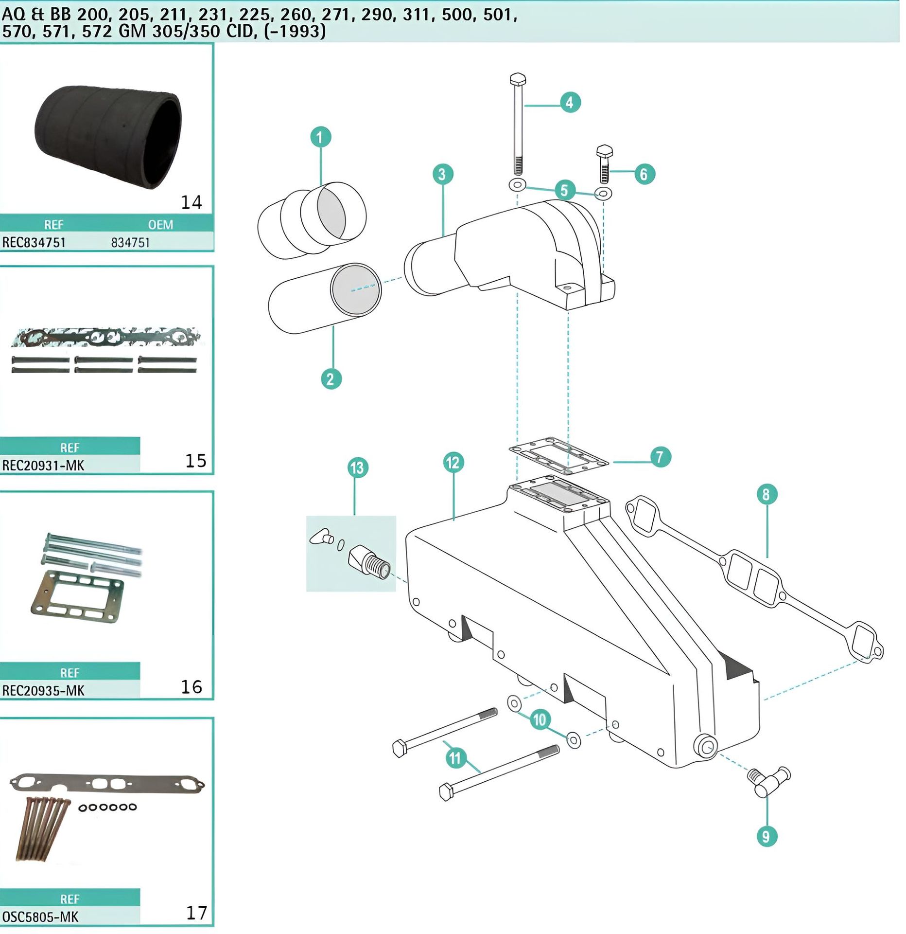 Abgaskrümmer Volvo Penta AQ & BB 200, 205, 211, 231, 225, 260, 271, 290, 311, 500, 501, 570, 571, 572 GM 305/350 CID, (-1993)