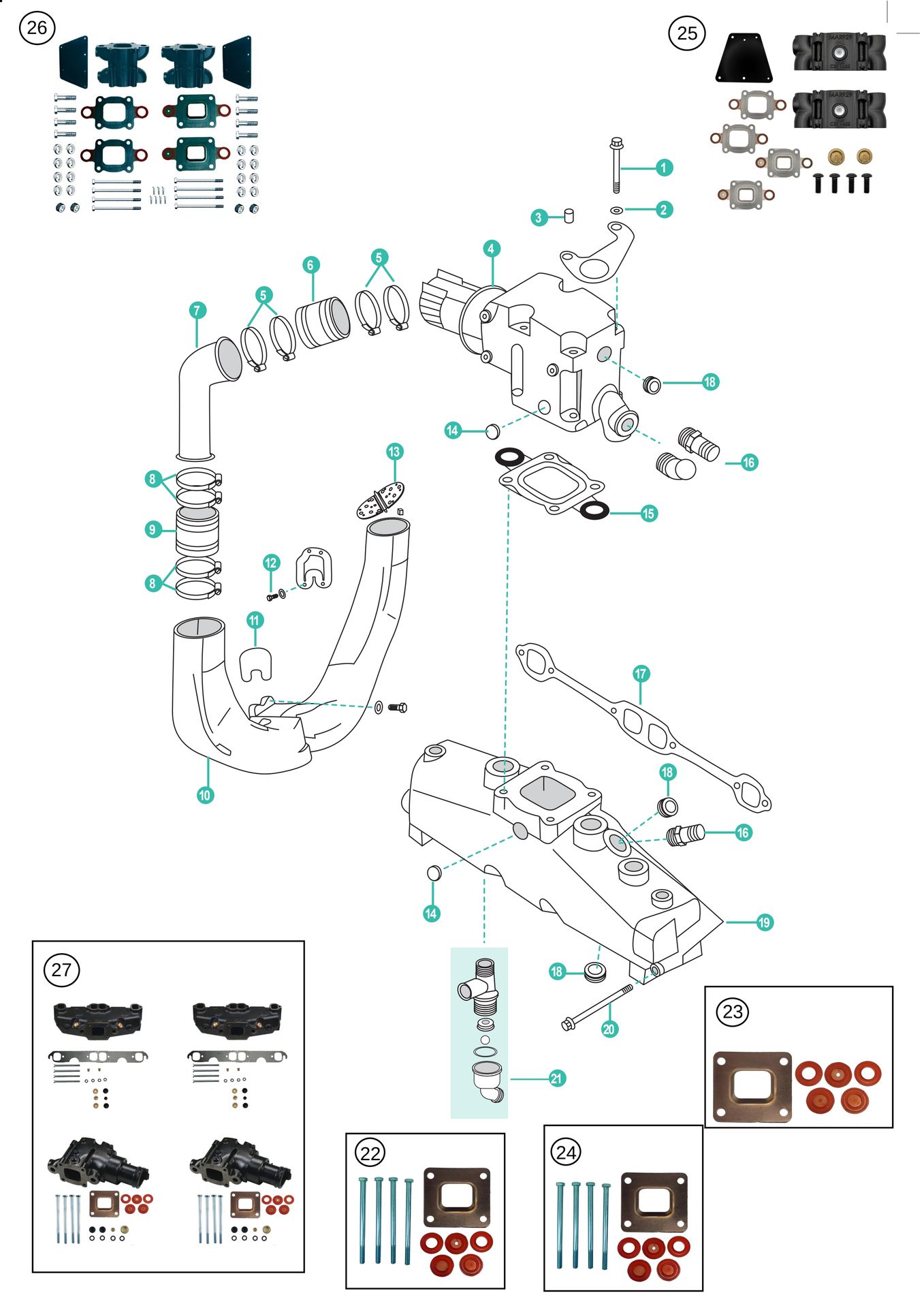 Mercruiser Ersatzteile für Abgasanlage GM 305, 350, 377, 383, 385 (5.0L,5.7L & 6.2L) MAG MPI HORIZON ALPHA/BRAVO Dry Joint