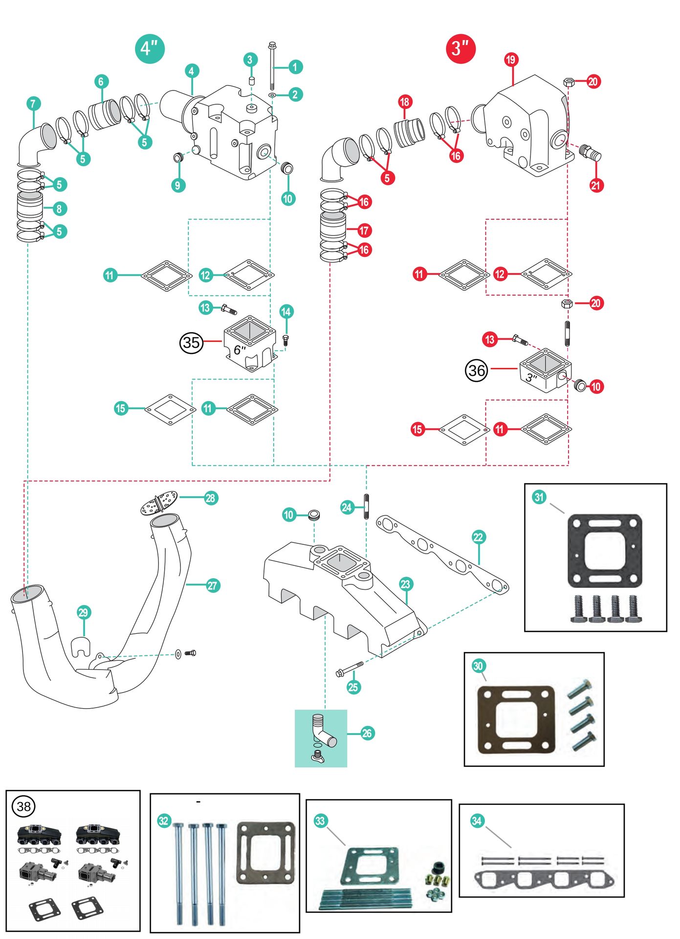 GM 7.4L & 8.2L Ersatzteile für die Abgasanlage Mercruiser