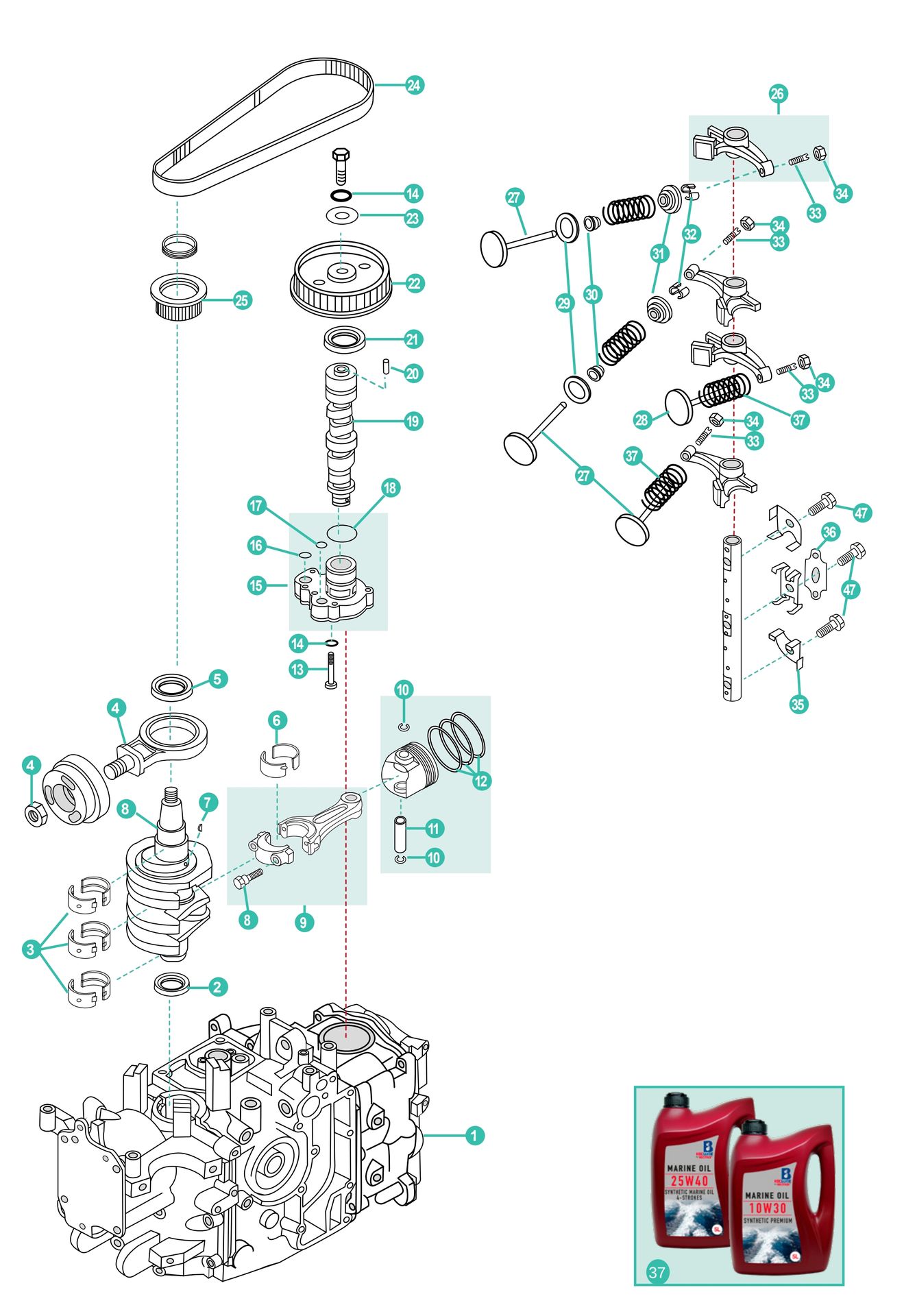 Mercury 25 PS (2-Zylinder) 9973100+ 4 Takt Aussenborder Ersatzteile für den Kraftkopf Ventilsteuerung