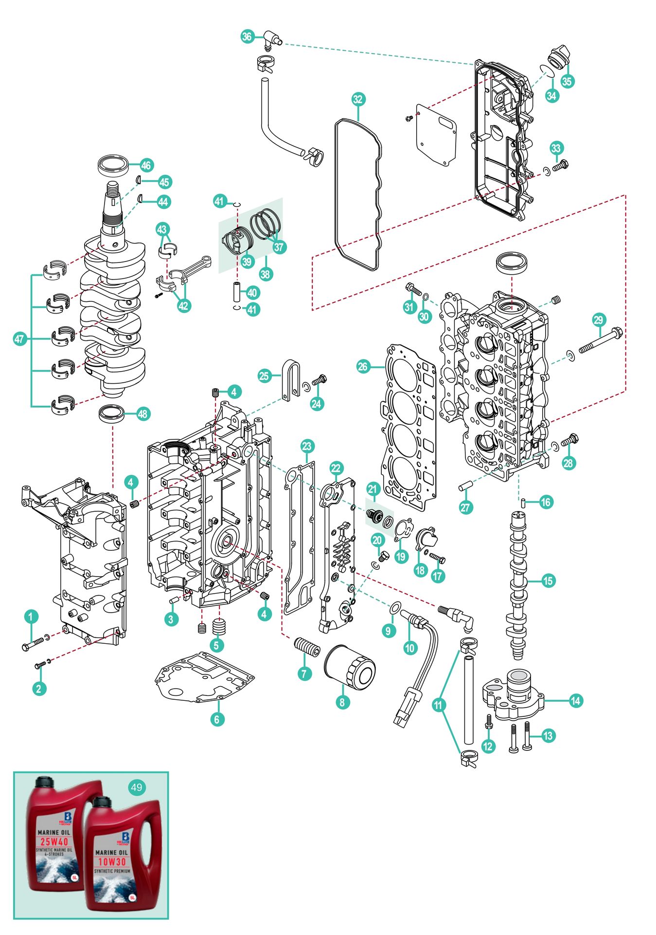 Mercury 30, 40, 50, 60 HP (4 CYL) 4 Takt Aussenborder Ersatzteile für den Kraftkopf