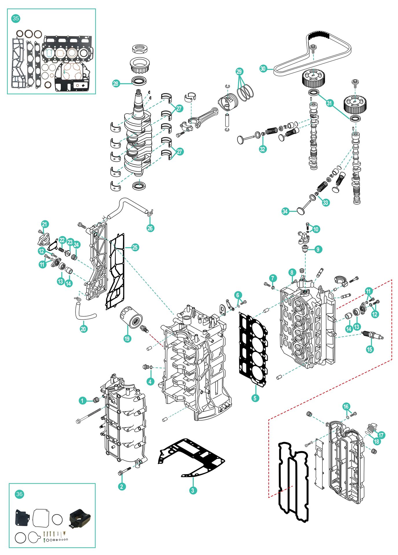 Mercury 75, 80, 90, 110, 115 HP 4 Takt Aussenborder Ersatzteile für den Kraftkopf