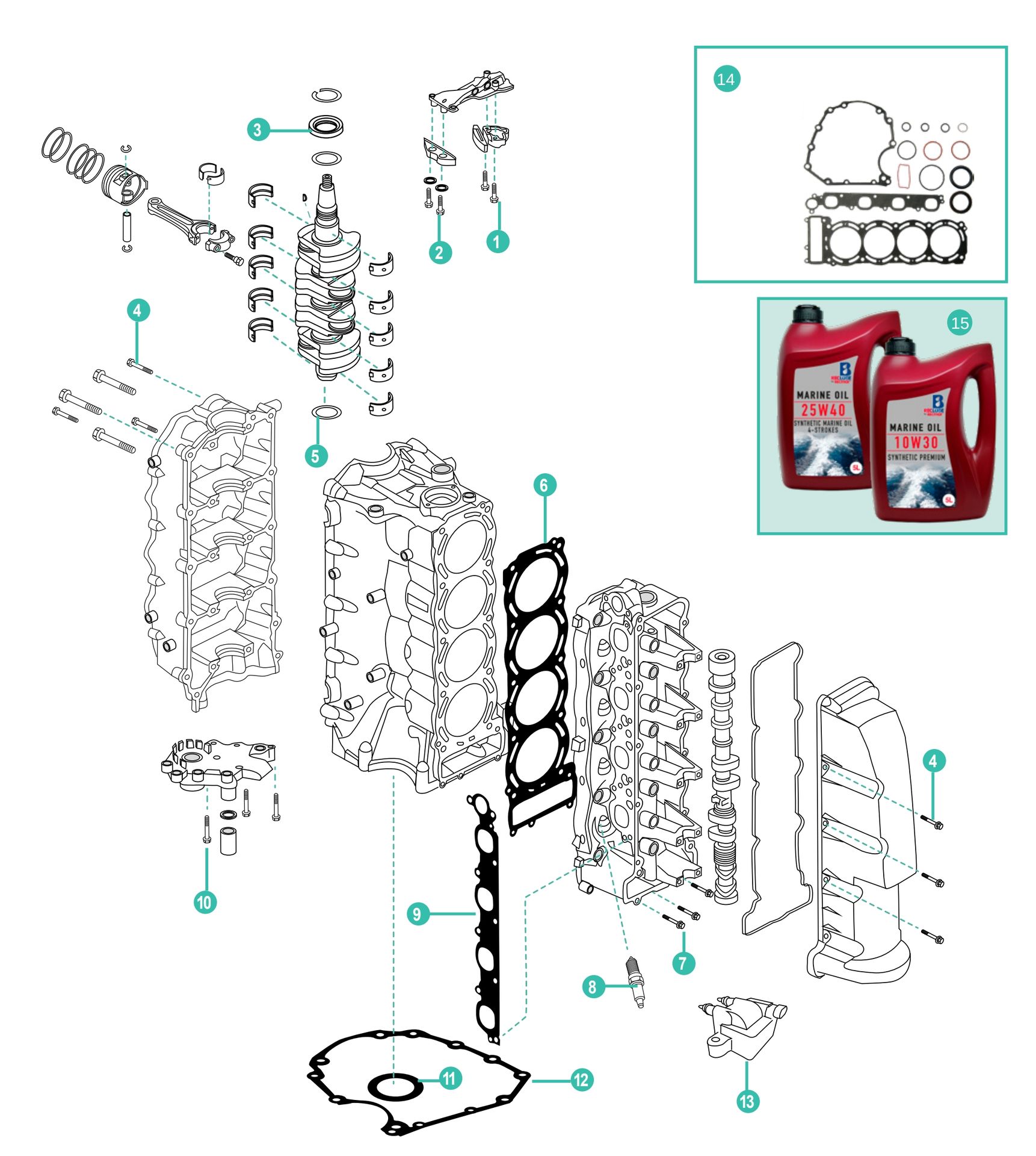 Mercury 135, 150 HP SEAPRO, PRO XS 4 Takt Aussenborder Ersatzteile für den Kraftkopf