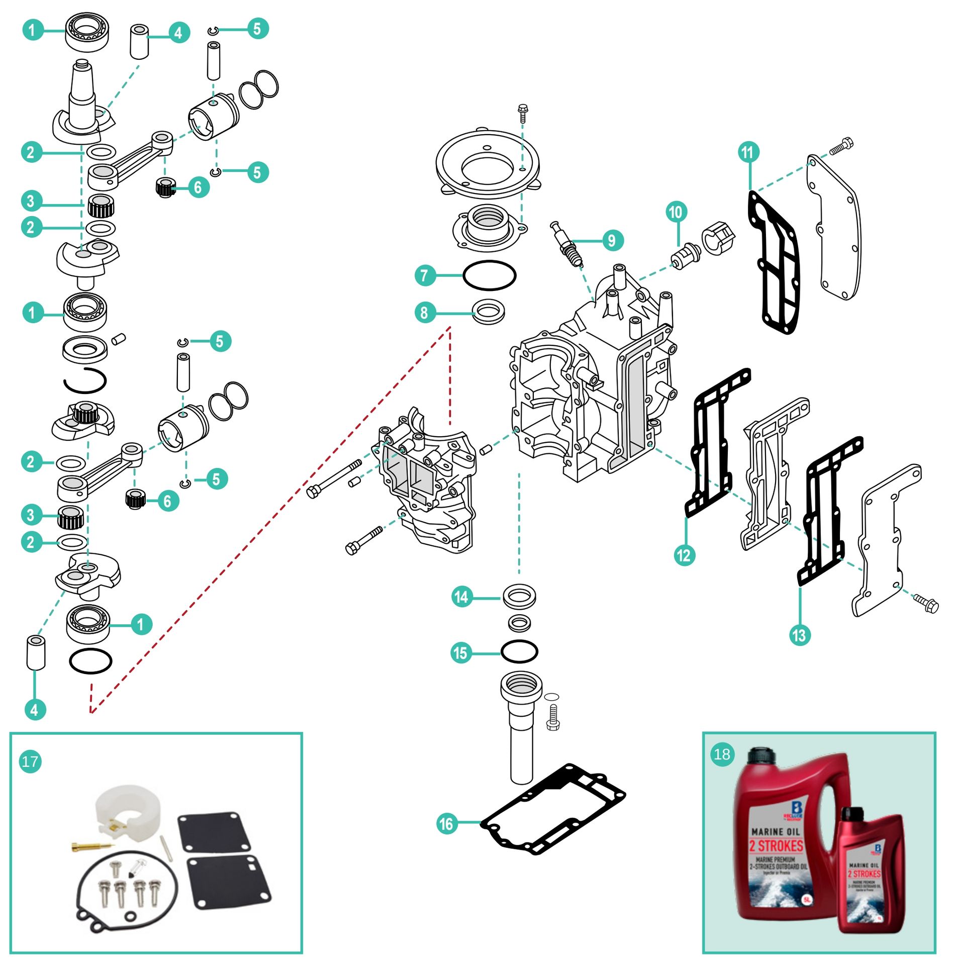 Mariner 6C, 6D & 8C (2 CYL) Kraftkopf Ersatzteile 2-Takt 2 Zylinder