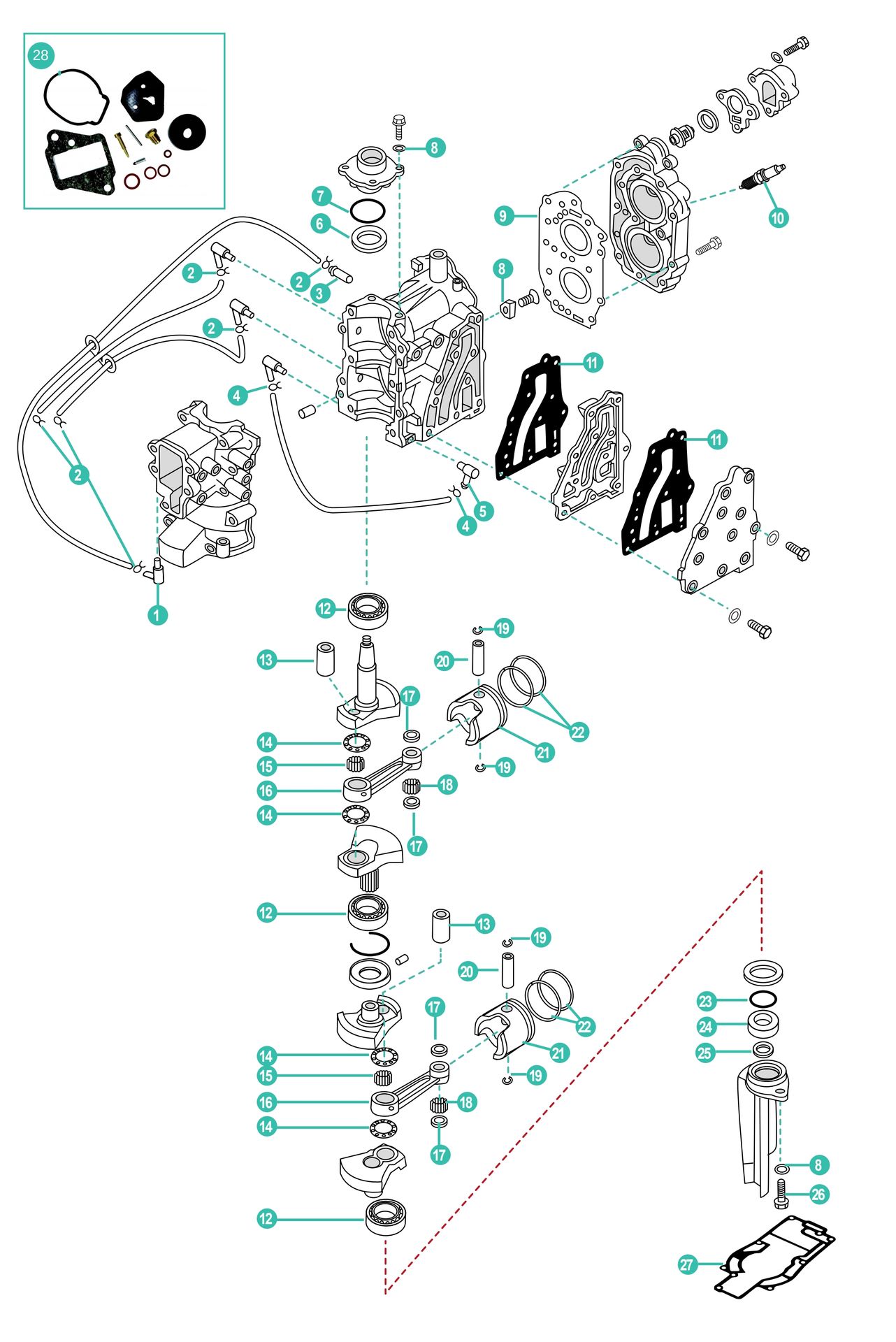 Mariner W8 (W/Marathon) & 8K Kraftkopf Ersatzteile 2-Takt 2 Zylinder