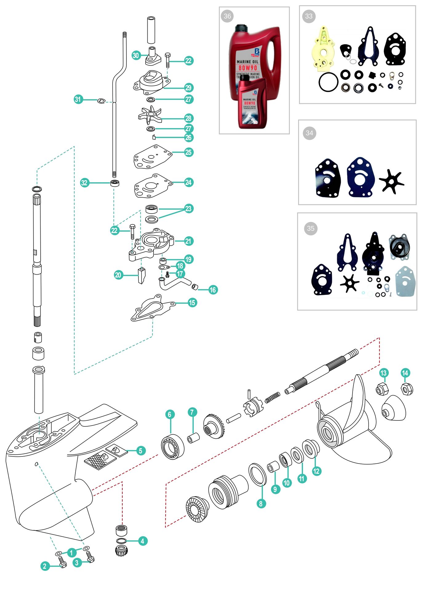 Mercury & Mariner 6, 8, 9.9, 13.5 & 15 PS Ersatzteile für Unterwasserteil