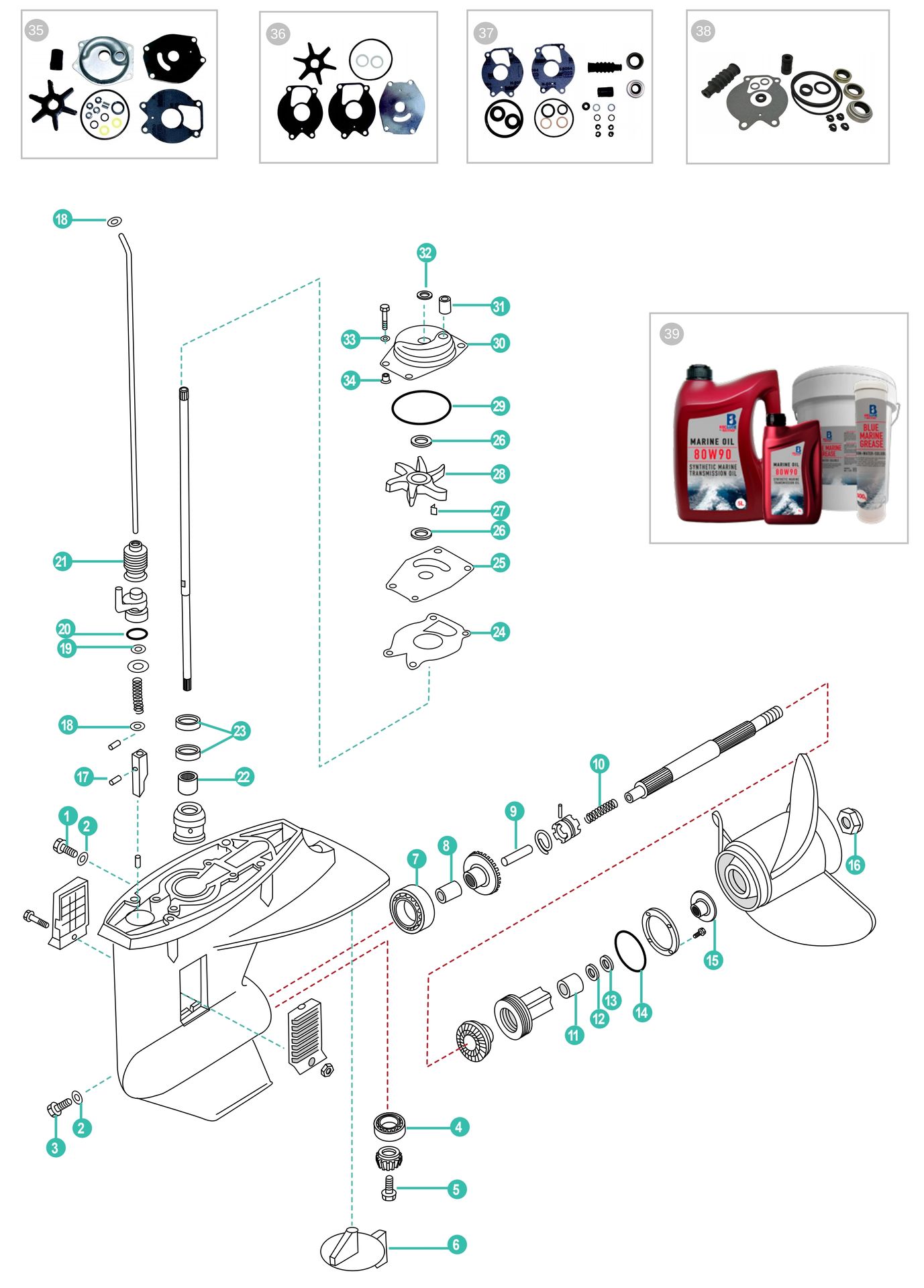 Mercury & Mariner 8-25 PS (232cc) Ersatzteile für Unterwasserteil Übersetzung 2.42:1 • Ø Torpedo 130 mm