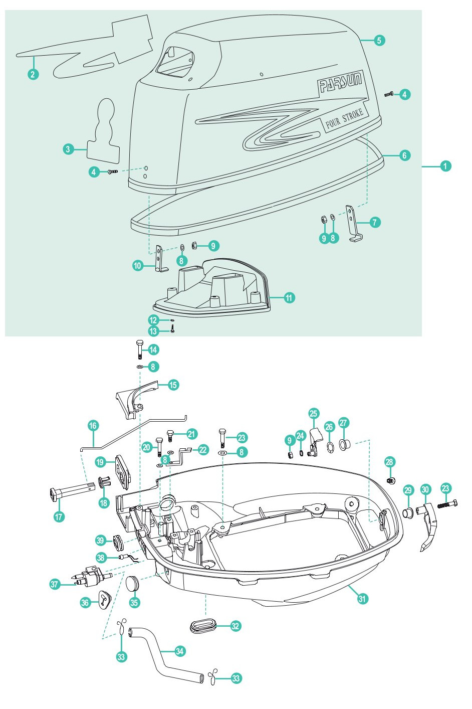 Parsun F6B,F8B,F9.8 B - Motorwanne und Motorhaube