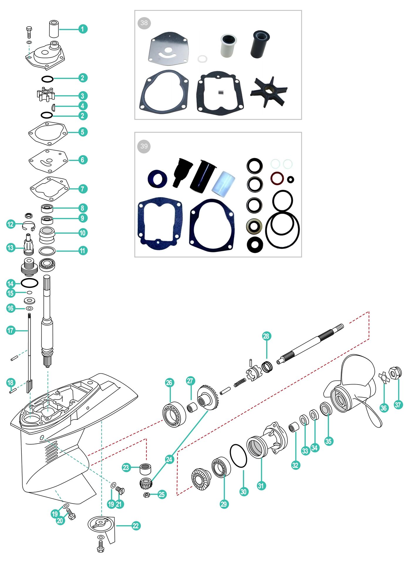 Mercury Mariner 25, 30, 40 Vergaser & EFI Ersatzteile für Unterwasserteil