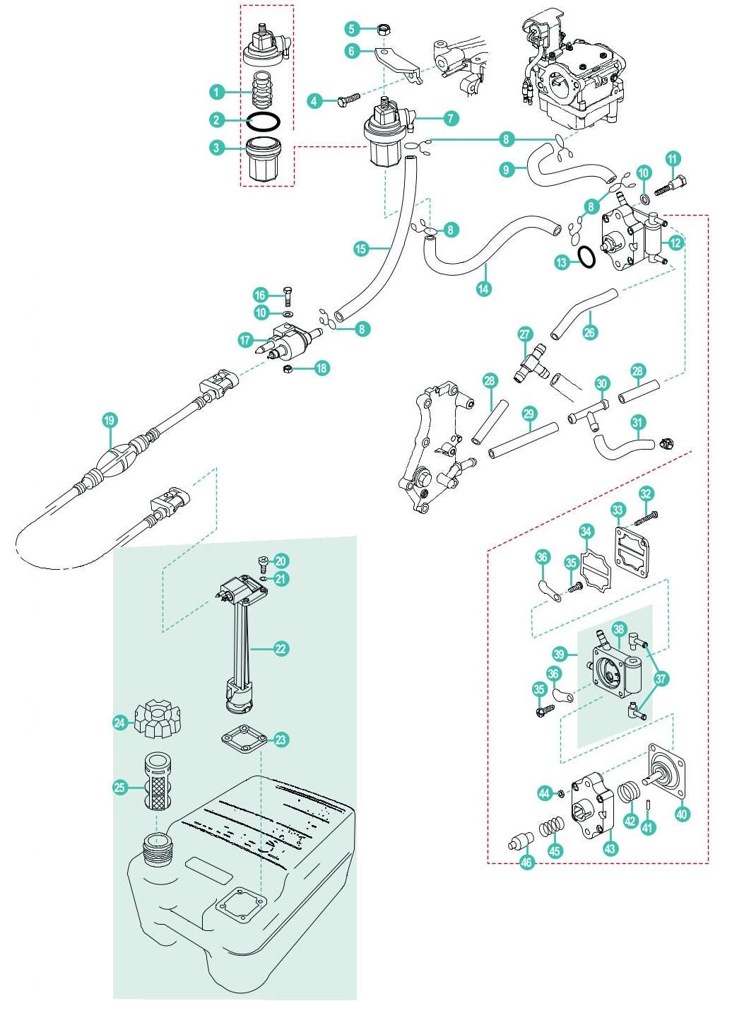 Parsun F15 A, F20 A - Kraftstoffsystem Vergaser Modelle