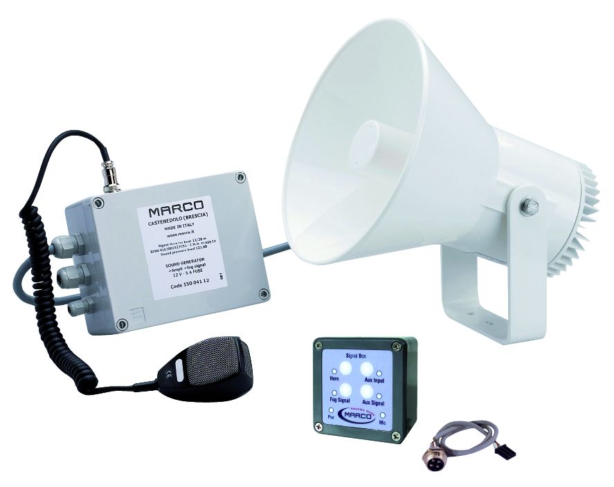 Wassergeschützter ( IP67 ) Schallsignalanleige 24V für Warnsignalen ( Nebel )  Radio  Stimmeverstärkung. Mit Zulassung & NIRO Halter