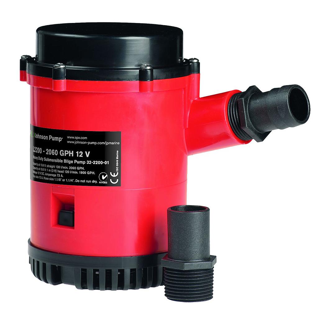 Johnson Pump L-serie Bilgepumpe,Bilgenpumpe Lenzpumpe L2200  12V / 7 5A  130l/min  Schlauchanschluss 1-1/8 ( Ø28 5mm ) & 1-1/4" ( Ø32mm )  Ø108mm  H=177mm  Gewicht 2 25kg ( lösbarem Rückschlagventil )"
