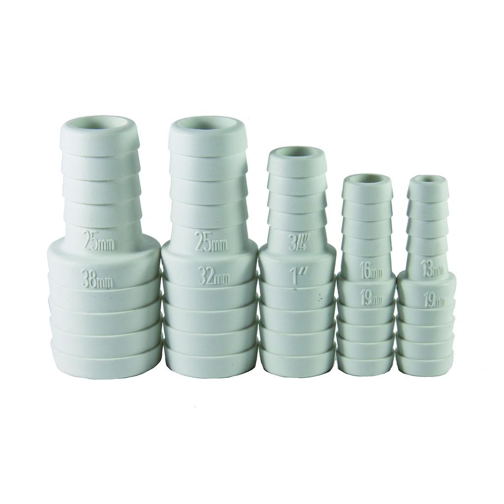 Slangverloop, wit kunststof  19x16mm