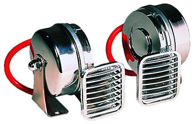 Messingverchromte Elektromagnetische Signalhornsatz  Zweiklang  L=105mm  12V  ( 110dB(A)-410/490Hz )