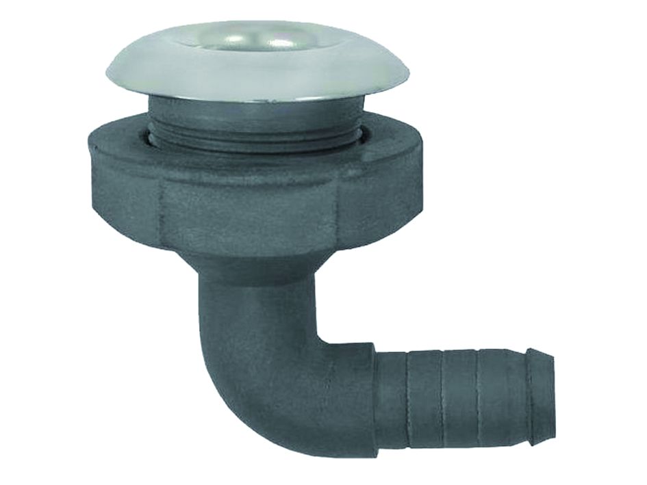 Kunststoff rechtwinklig Borddurchlass mit NIRO Flansch  Ø1-1/8 x 29mm  L=95mm  Flansch Ø48mm ( Passend für Lenzstopfen 008566 & 008569 )"