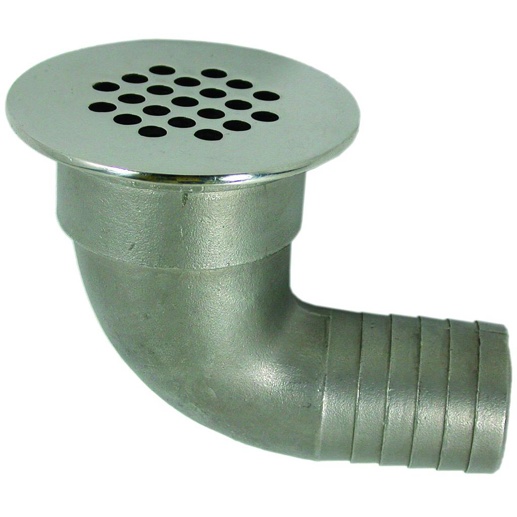 NIRO Abfluss 90º mit Gitter  afm. A=38mm  B=33mm  C=63mm  D=90mm ( plastik Krümmer )