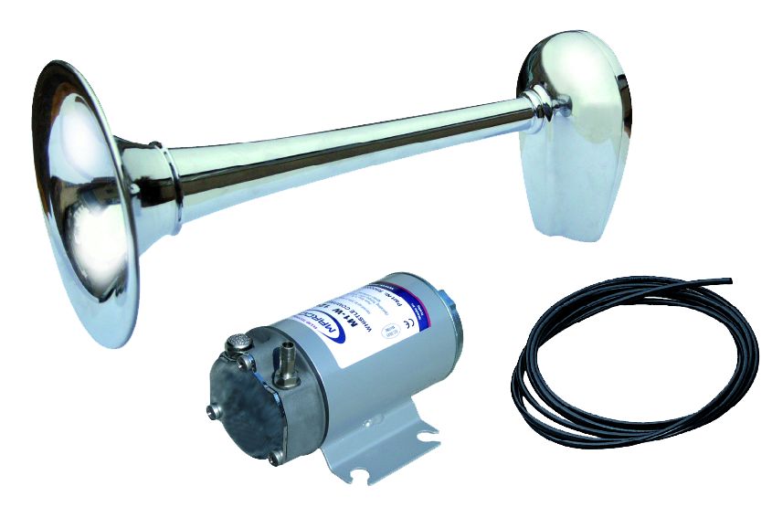 Messingverhromte Signalhorn mit Kompressor  Einklang  L=449mm  Ø200mm  24V ( 123dB(A)-630Hz ) mit Zulassung