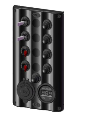 Schakelpaneel 12V ABS 4-pos. LED-indic.  met voltmeter  100x182.5mm